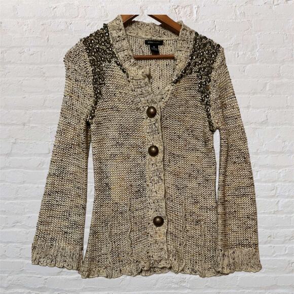 BCBGMaxAzria Sweaters - BCBG MAXAZRIA Womens Tan Brown Beige Studded Beaded Big Button Sweater Jacket M